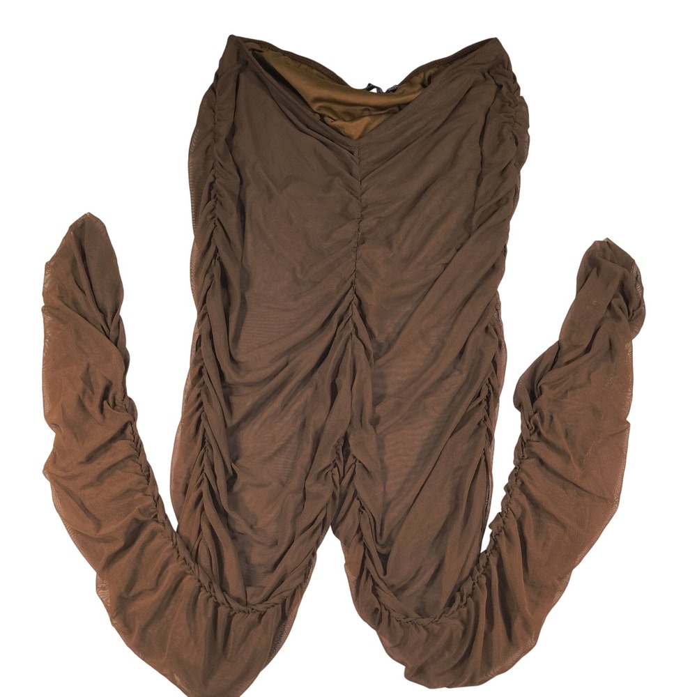 PrettyLittleThing Pants Brown Sheer Mesh Ruched High Waist Y2K Festival Clubwear